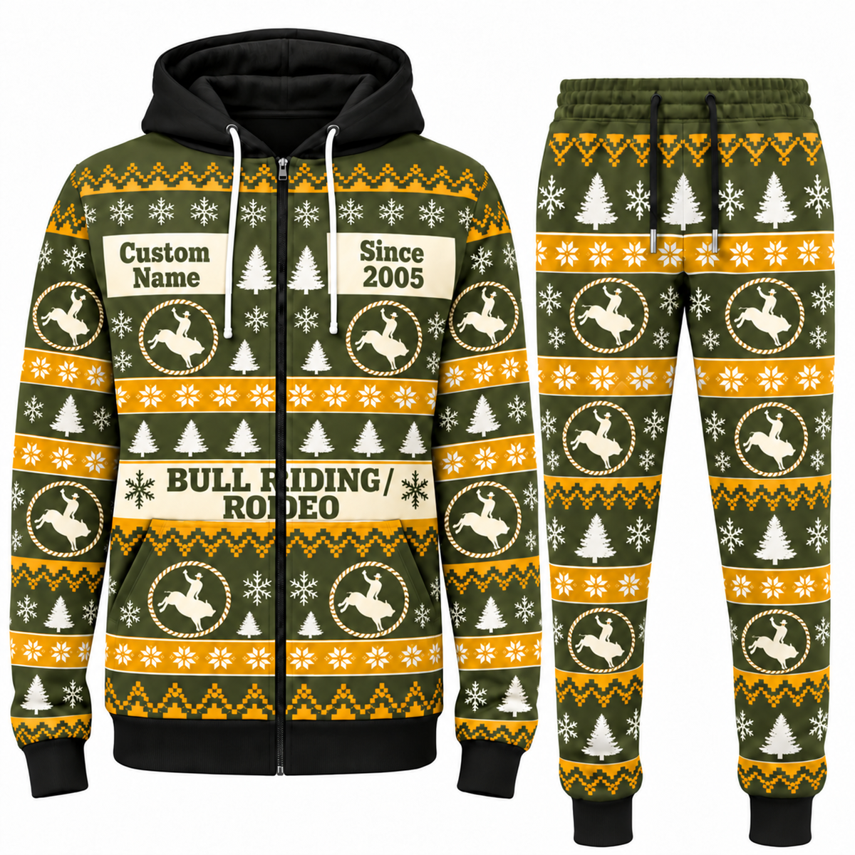 Bull Riding / Rodeo Holiday Fair Isle full-zip hoodie and jogger olive design with name and Since 2005 artwork