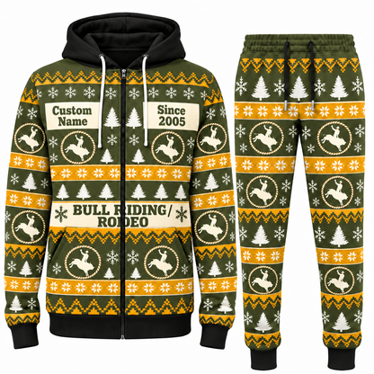 Bull Riding / Rodeo Holiday Fair Isle full-zip hoodie and jogger olive design with name and Since 2005 artwork