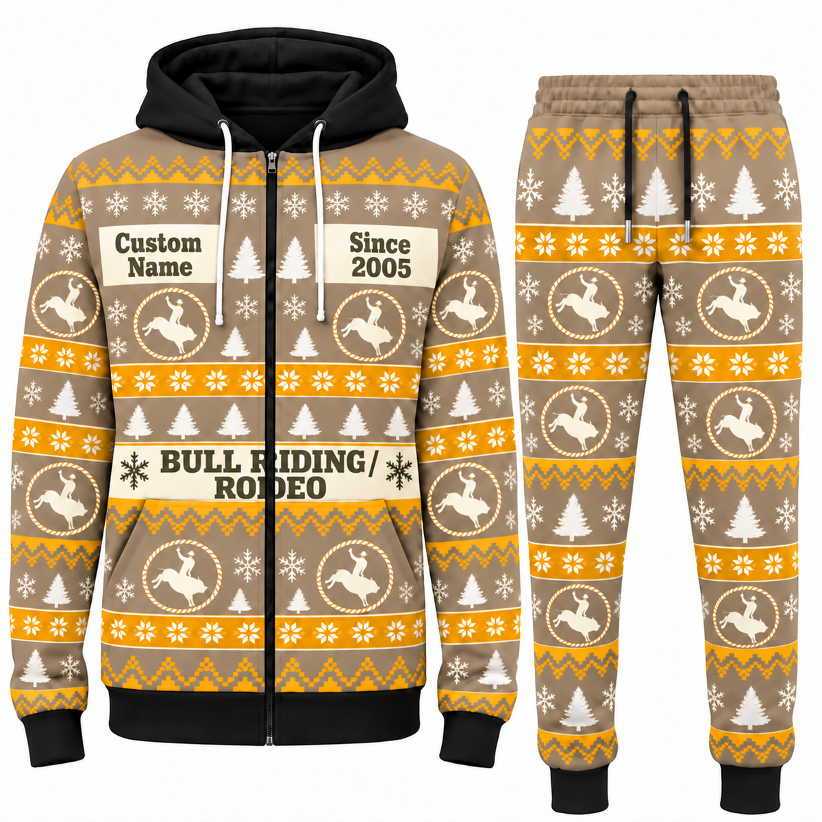 Bull Riding / Rodeo Holiday Fair Isle full-zip hoodie and jogger sand design with name and Since 2005 artwork