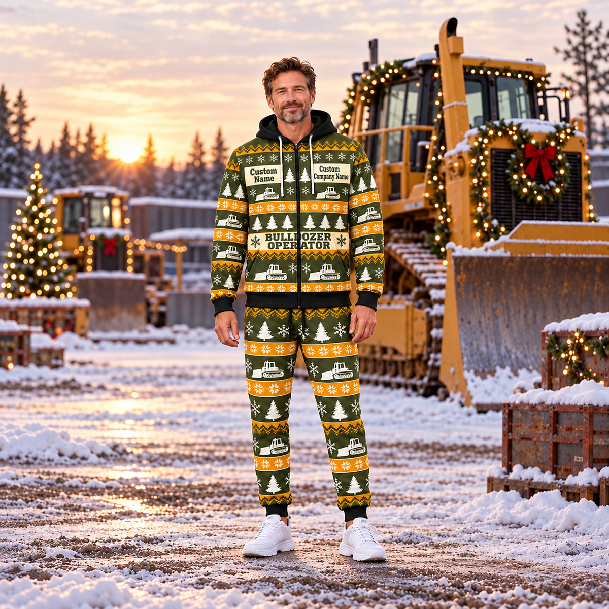 Bulldozer Operator Holiday Fair Isle full-zip hoodie and jogger hero design with name and company artwork