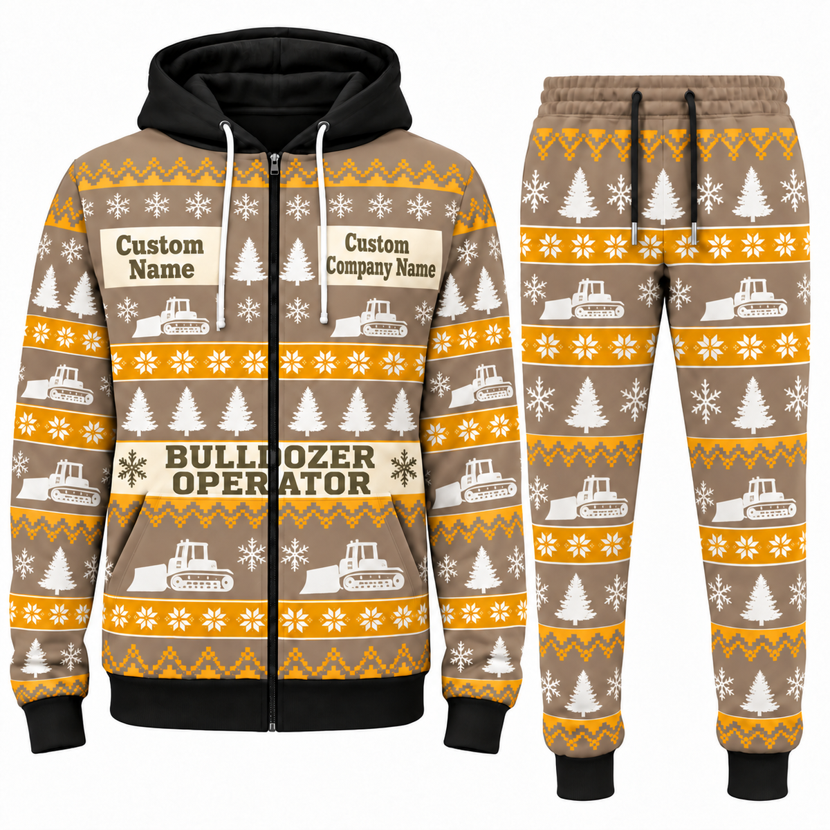 Bulldozer Operator Holiday Fair Isle full-zip hoodie and jogger sand design with name and company artwork