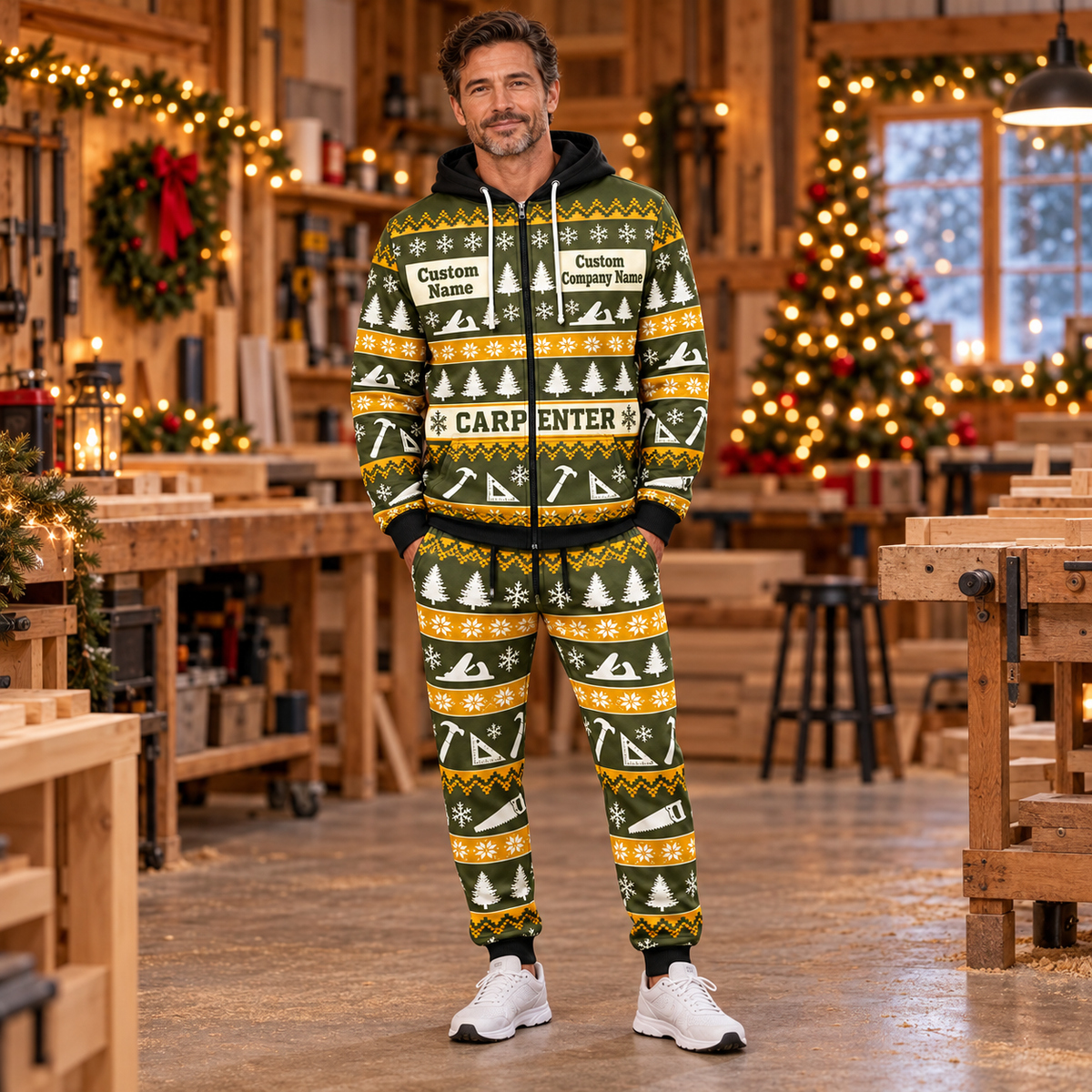 Carpenter Holiday Fair Isle full-zip hoodie and jogger hero design with name and company artwork