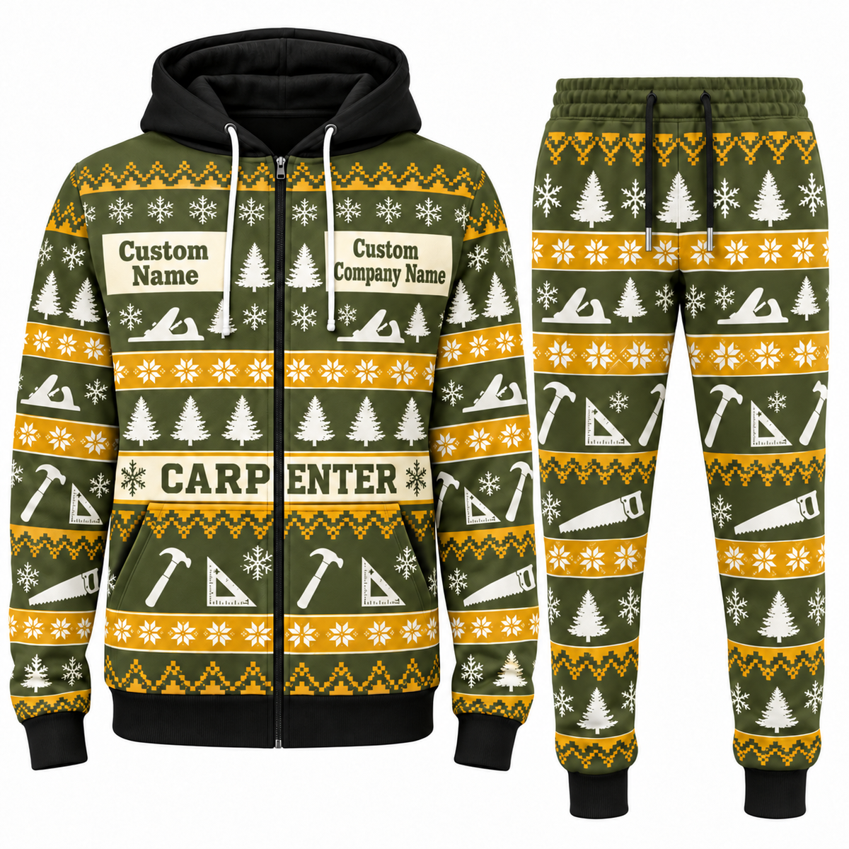 Carpenter Holiday Fair Isle full-zip hoodie and jogger olive design with name and company artwork