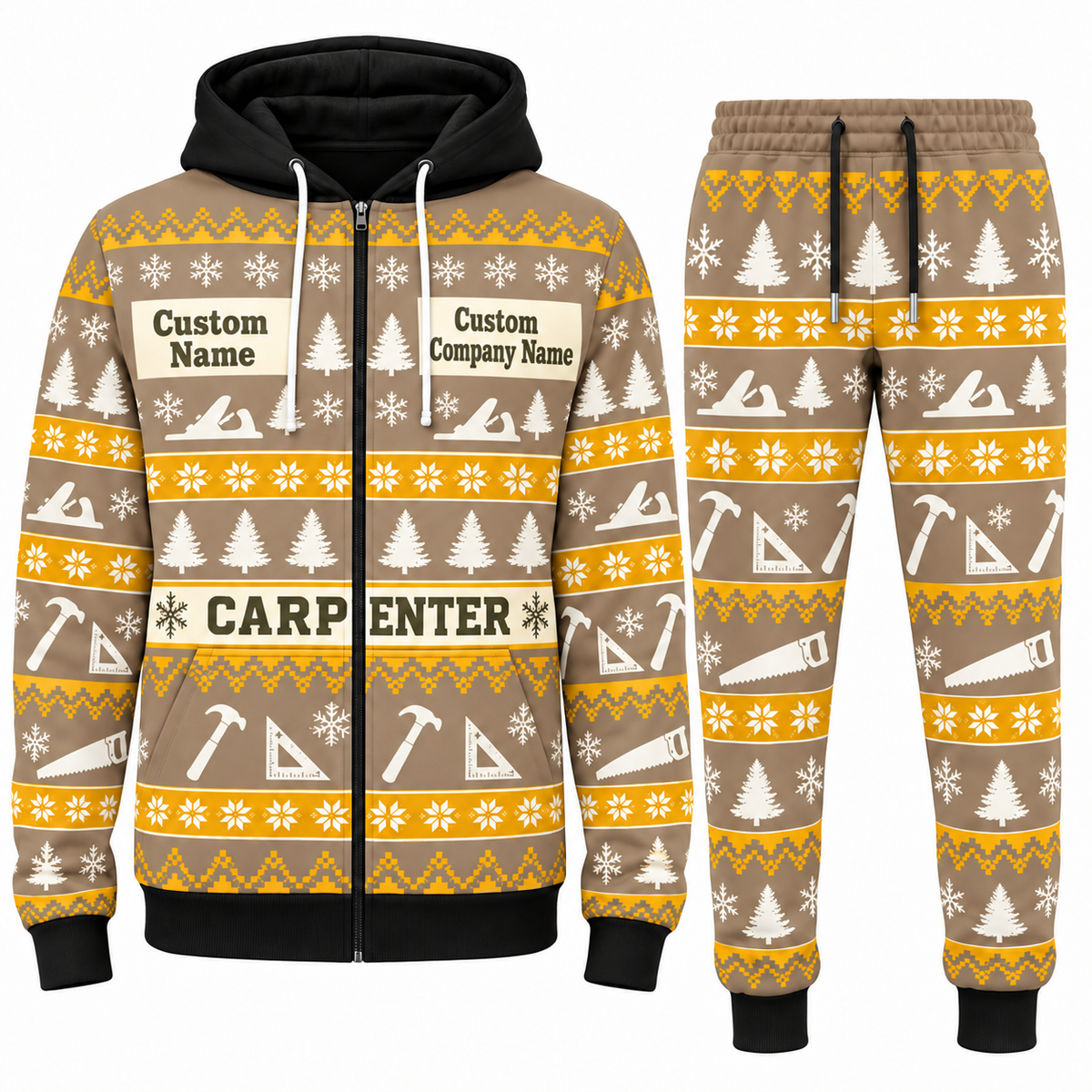 Carpenter Holiday Fair Isle full-zip hoodie and jogger Sand design with name and company artwork