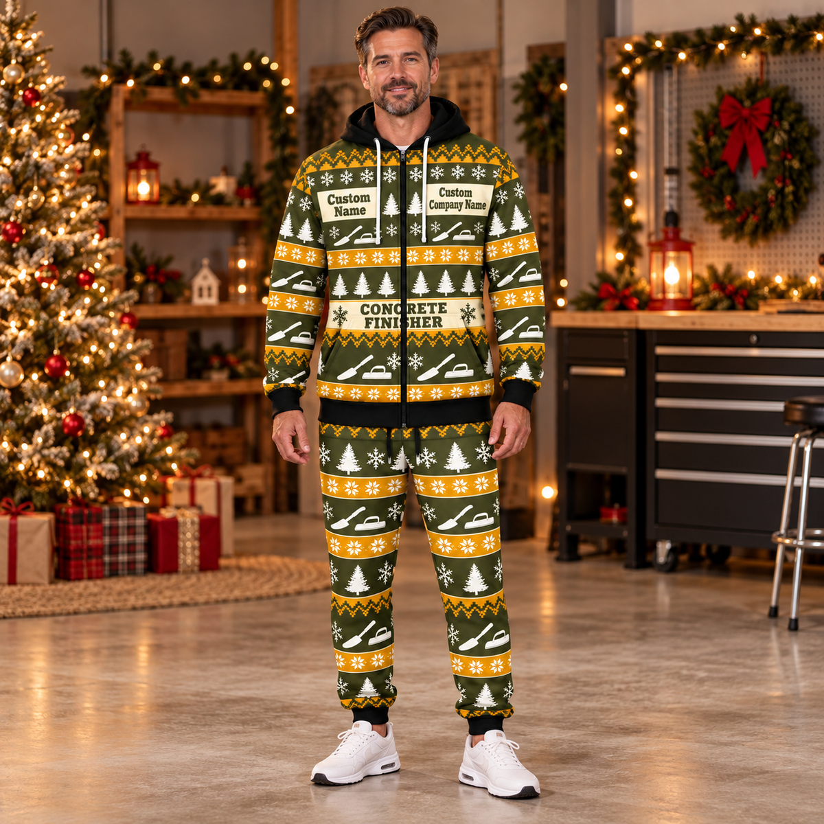 Concrete Finisher Holiday Fair Isle full-zip hoodie and jogger hero design with name and company artwork