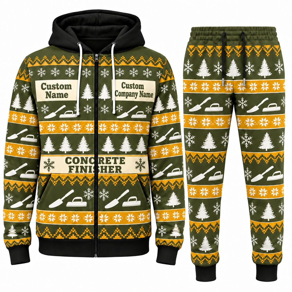 Concrete Finisher Holiday Fair Isle full-zip hoodie and jogger olive design with name and company artwork