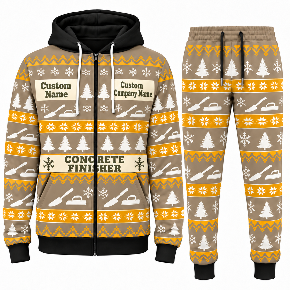 Concrete Finisher Holiday Fair Isle full-zip hoodie and jogger sand design with name and company artwork