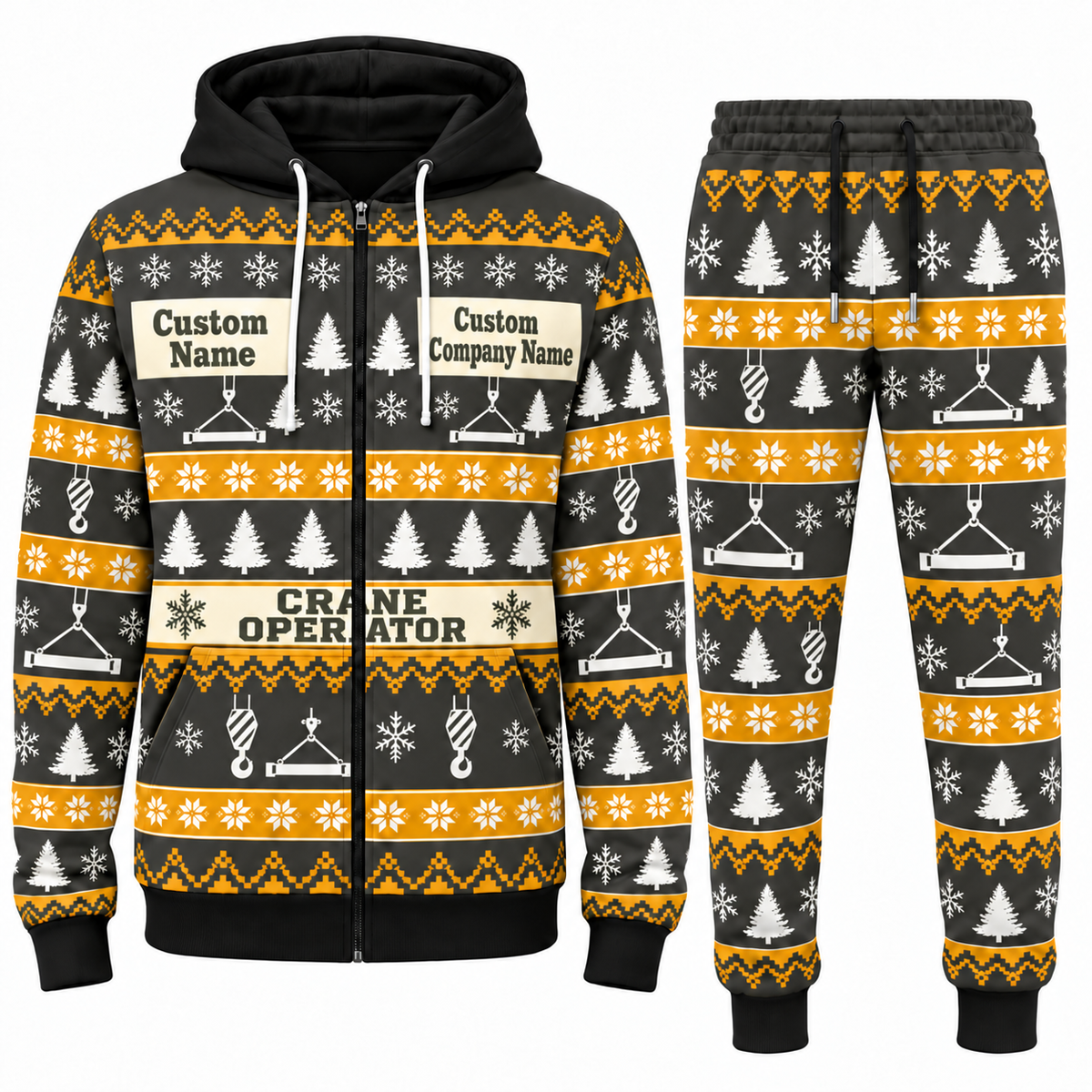 Crane Operator Holiday Fair Isle full-zip hoodie and jogger charcoal-olive design with name and company artwork