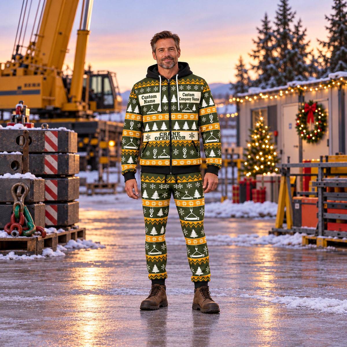 Crane Operator Holiday Fair Isle full-zip hoodie and jogger hero design with name and company artwork
