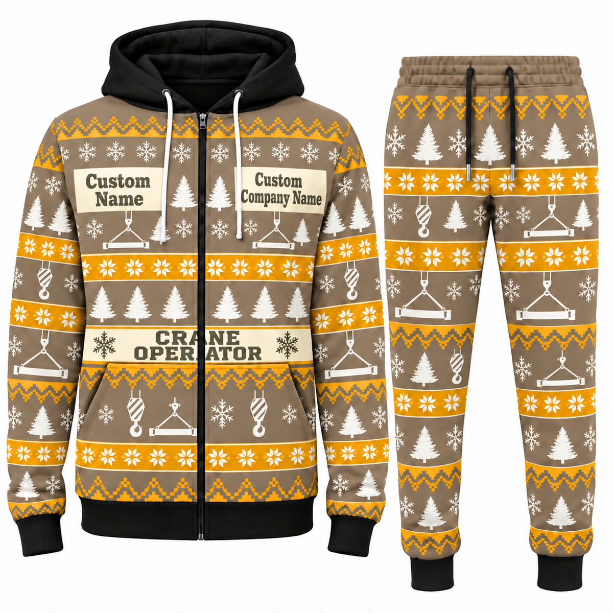 Crane Operator Holiday Fair Isle full-zip hoodie and jogger sand design with name and company artwork