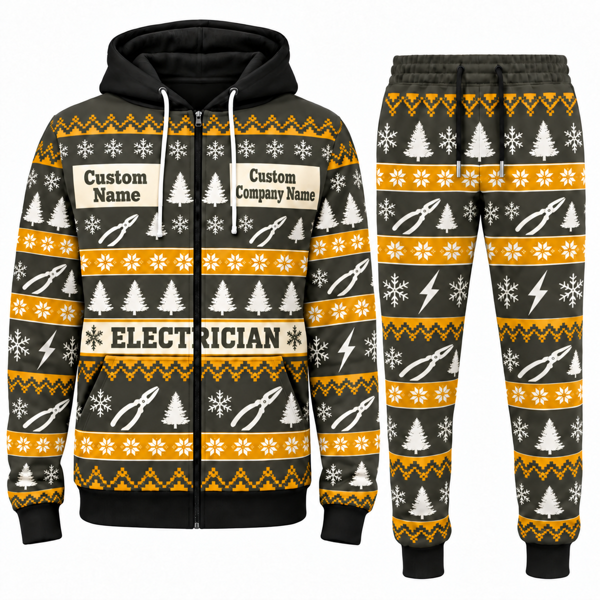 Electrician Holiday Fair Isle full-zip hoodie and jogger charcoal-olive design with name and company artwork