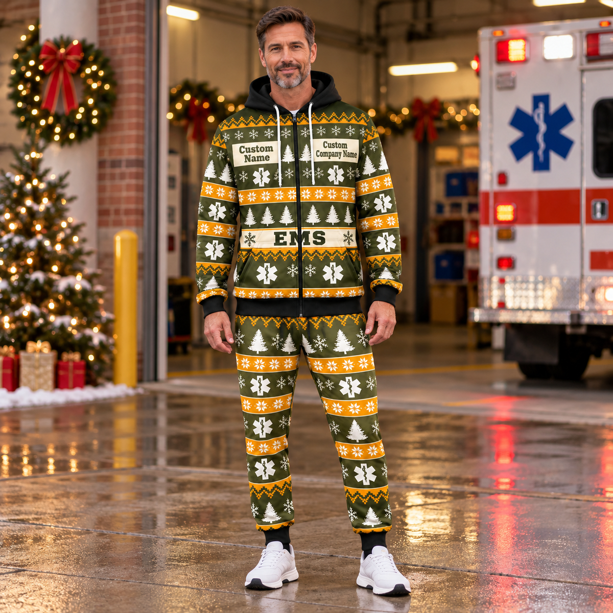 EMS Holiday Fair Isle full-zip hoodie and jogger hero design with name and company artwork