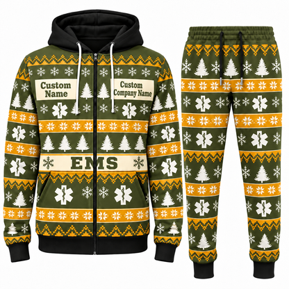 EMS Holiday Fair Isle full-zip hoodie and jogger olive design with name and company artwork