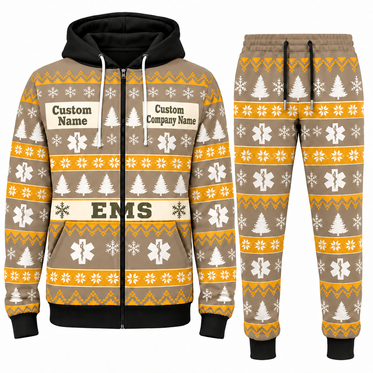 EMS Holiday Fair Isle full-zip hoodie and jogger sand design with name and company artwork