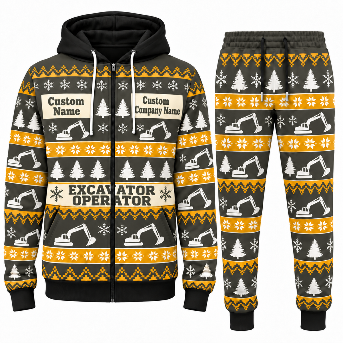 Excavator Operator Holiday Fair Isle full-zip hoodie and jogger charcoal-olive design with name and company artwork