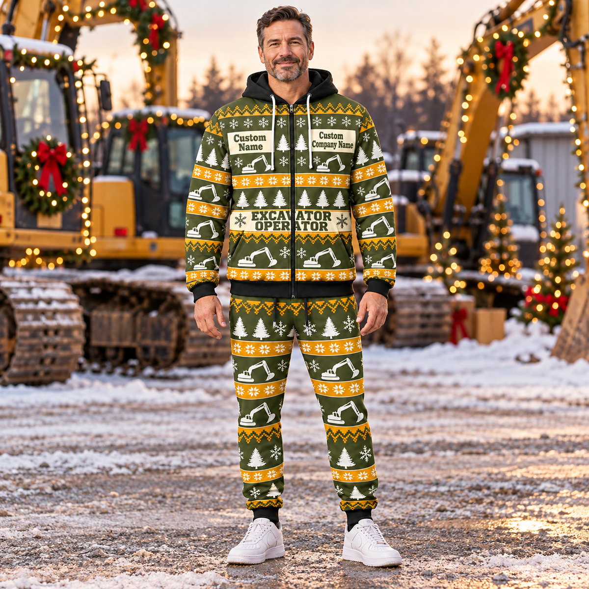 Excavator Operator Holiday Fair Isle full-zip hoodie and jogger hero design with name and company artwork