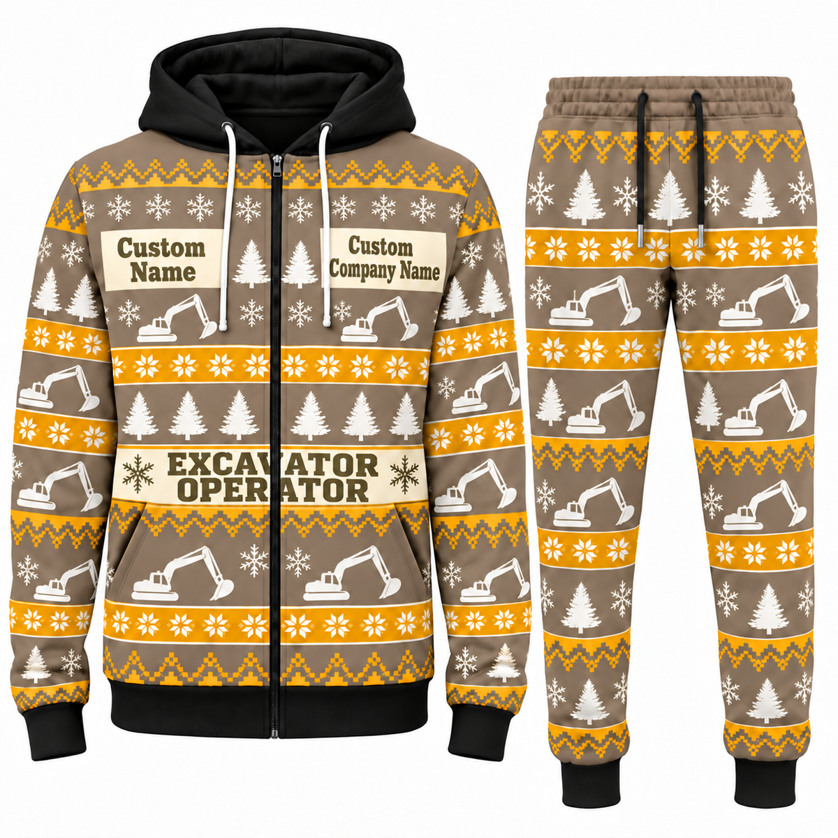 Excavator Operator Holiday Fair Isle full-zip hoodie and jogger sand design with name and company artwork