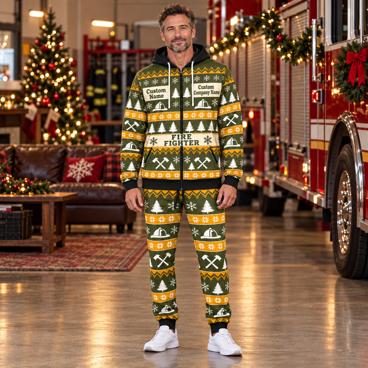 Fire Fighter Holiday Fair Isle full-zip hoodie and jogger hero design with name and company artwork