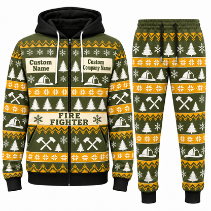 Fire Fighter Holiday Fair Isle full-zip hoodie and jogger olive design with name and company artwork