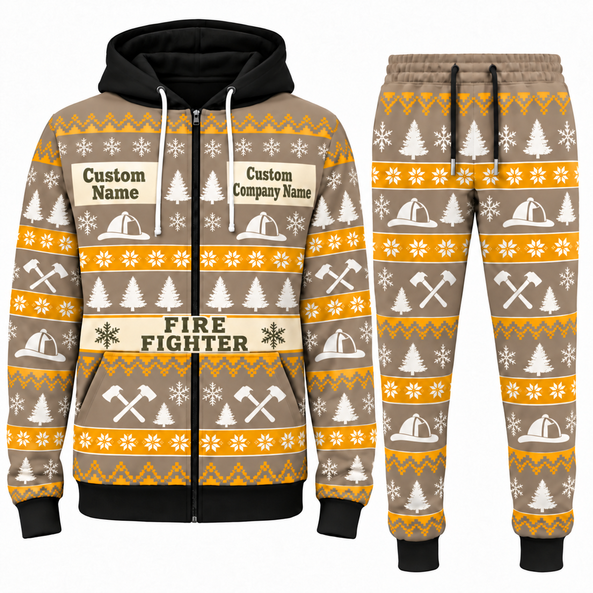 Fire Fighter Holiday Fair Isle full-zip hoodie and jogger sand design with name and company artwork