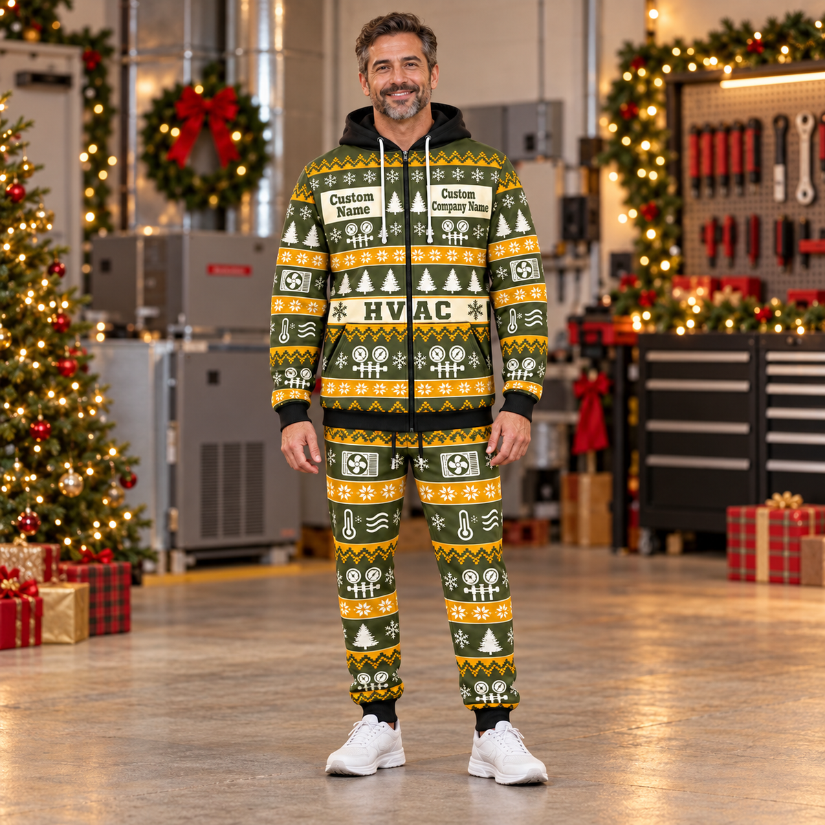 HVAC Holiday Fair Isle full-zip hoodie and jogger hero design with name and company artwork