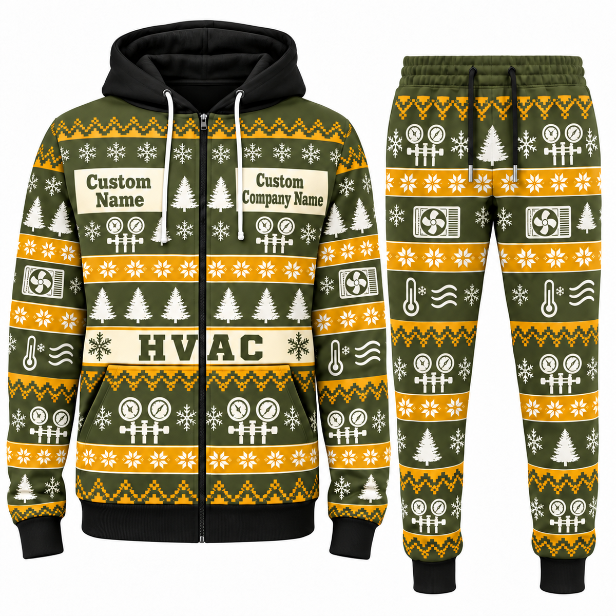 HVAC Holiday Fair Isle full-zip hoodie and jogger olive design with name and company artwork