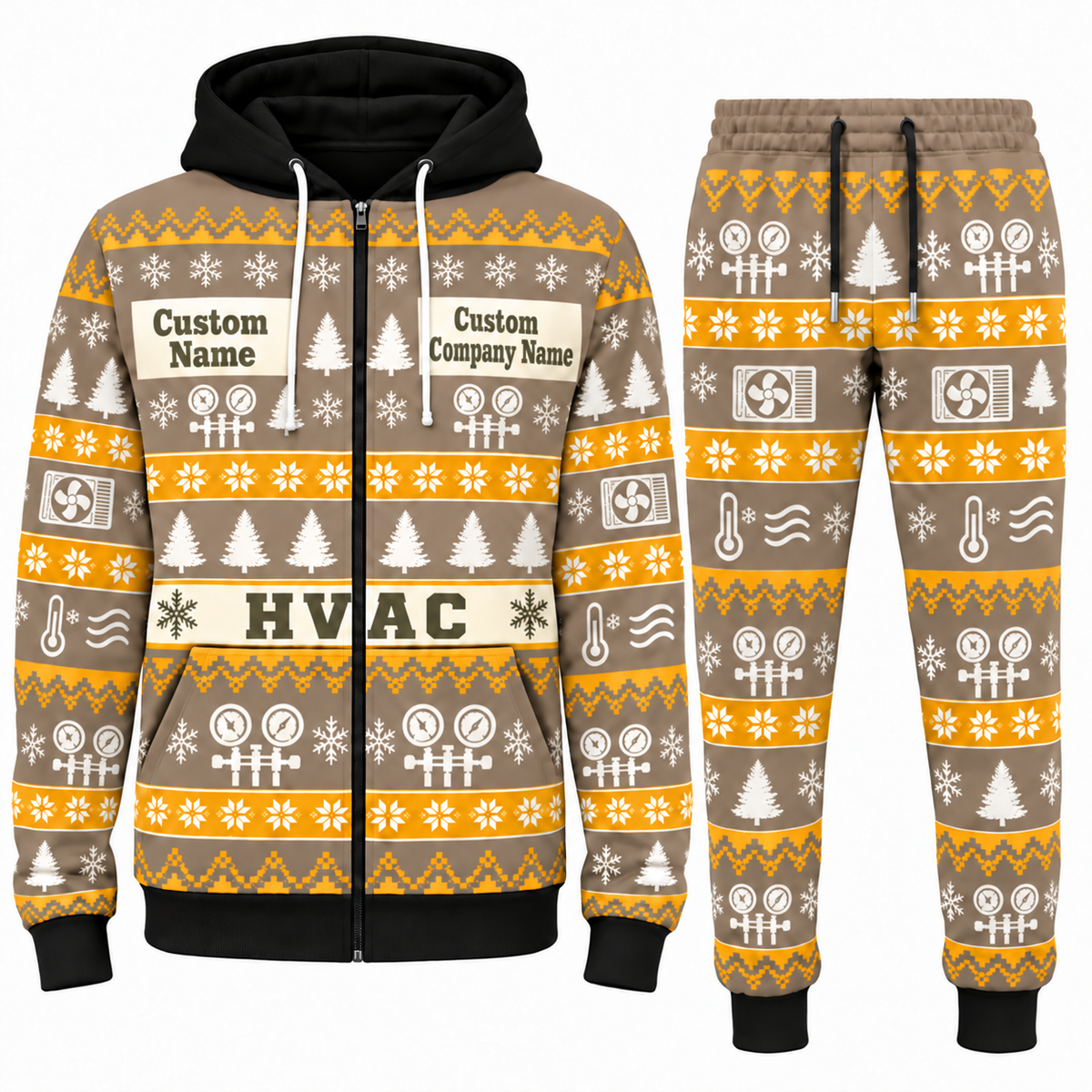 HVAC Holiday Fair Isle full-zip hoodie and jogger sand design with name and company artwork