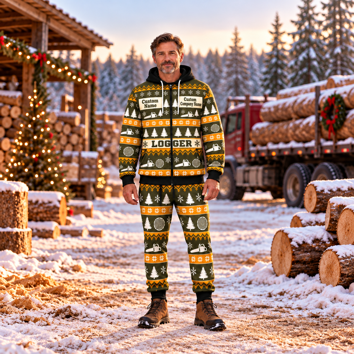 Man wearing Logger Holiday Fair Isle full-zip hoodie and jogger set