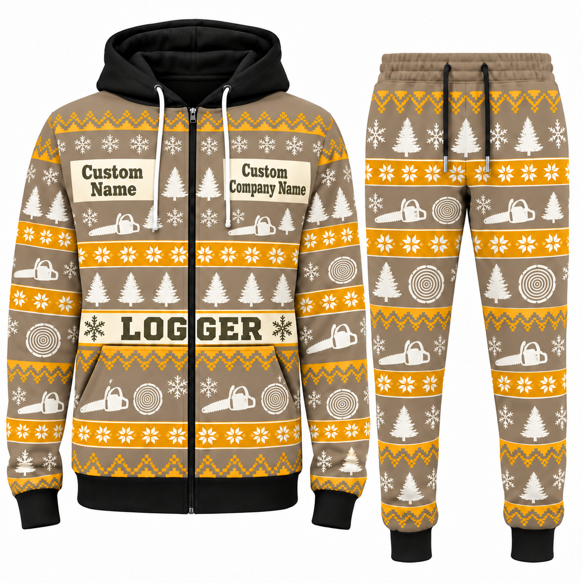 Logger Holiday Fair Isle full-zip hoodie and jogger sand design with name and company artwork