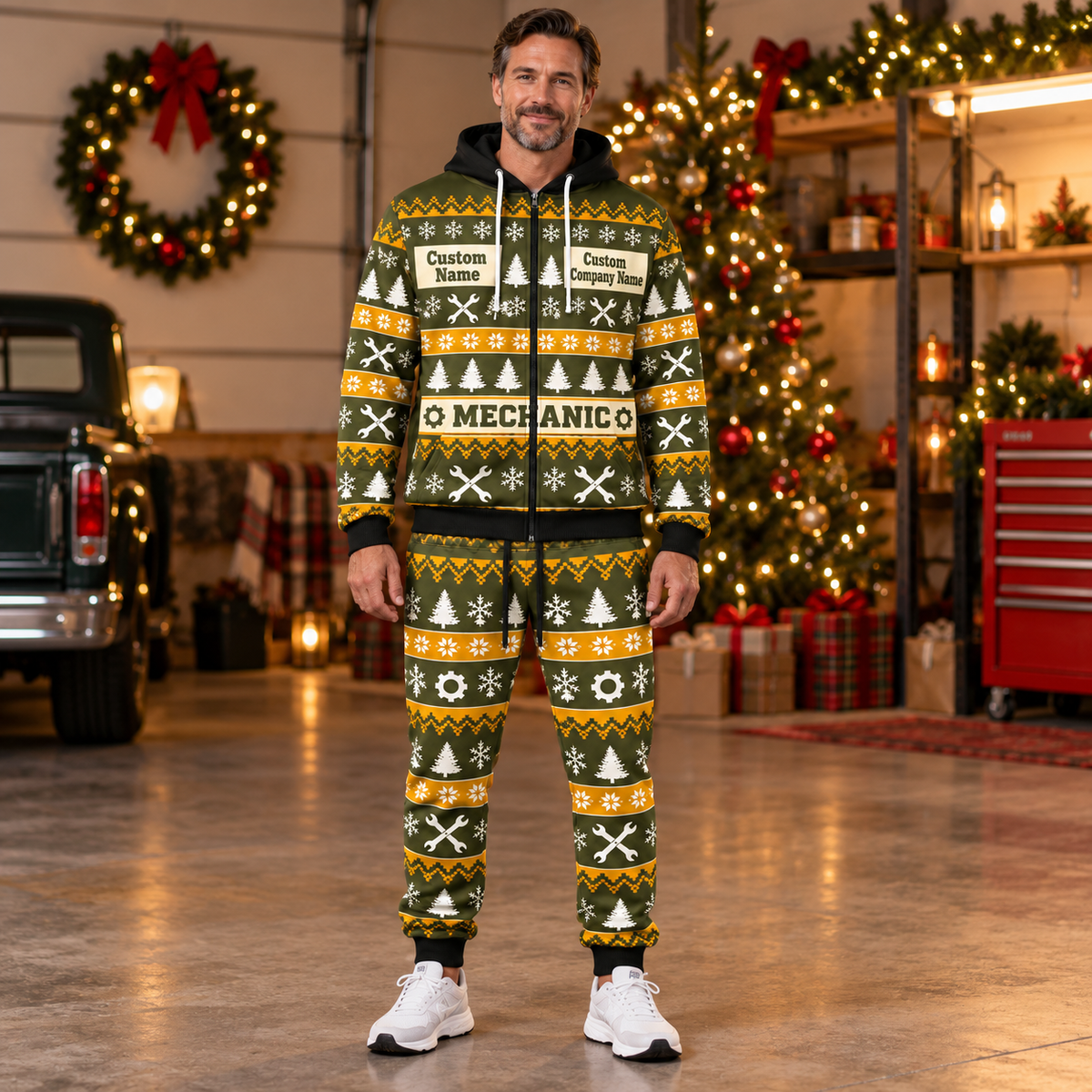 Mechanic Holiday Fair Isle full-zip hoodie and jogger hero design with name and company artwork