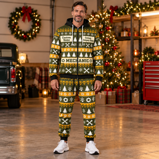 Mechanic Holiday Fair Isle full-zip hoodie and jogger hero design with name and company artwork