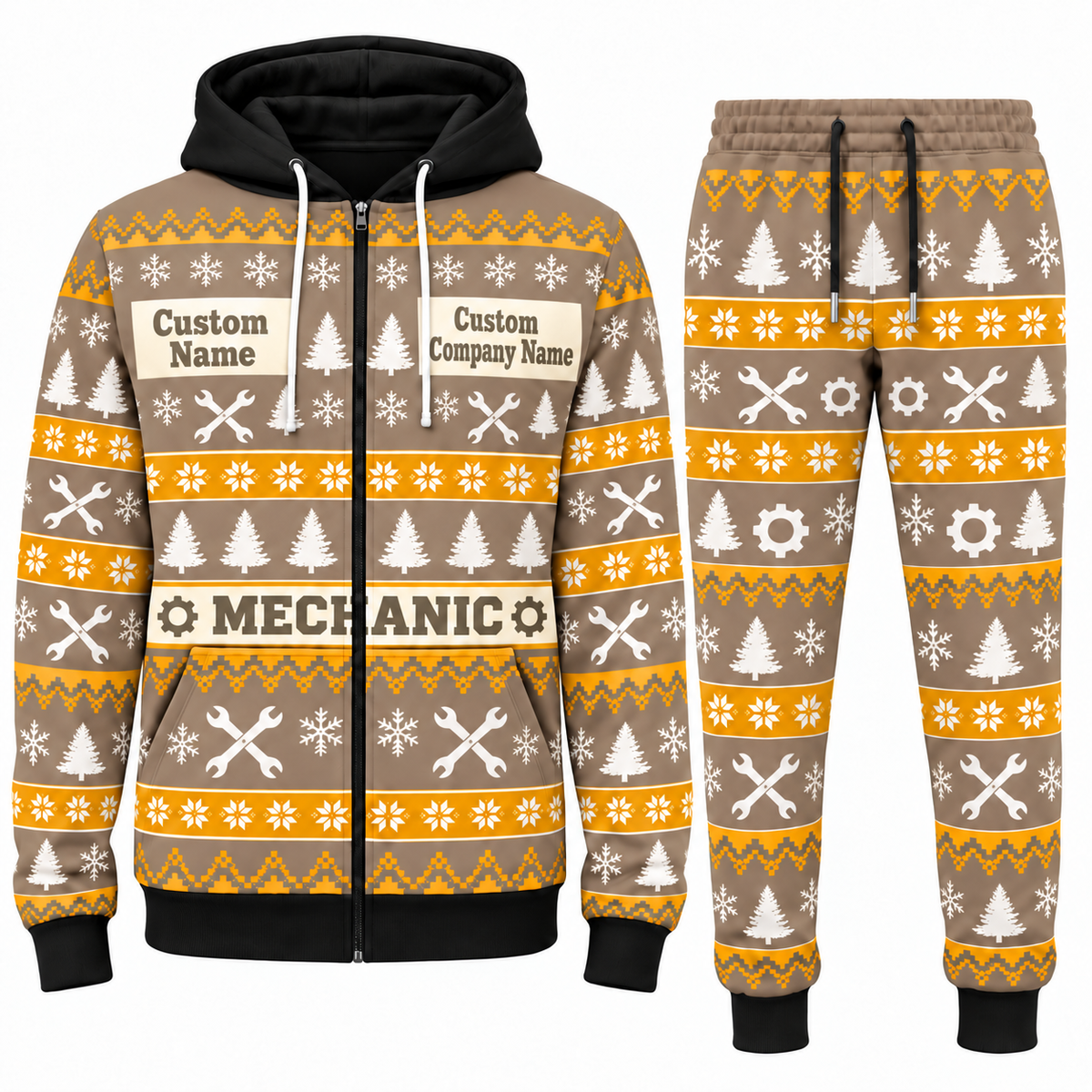 Mechanic Holiday Fair Isle full-zip hoodie and jogger sand design with name and company artwork
