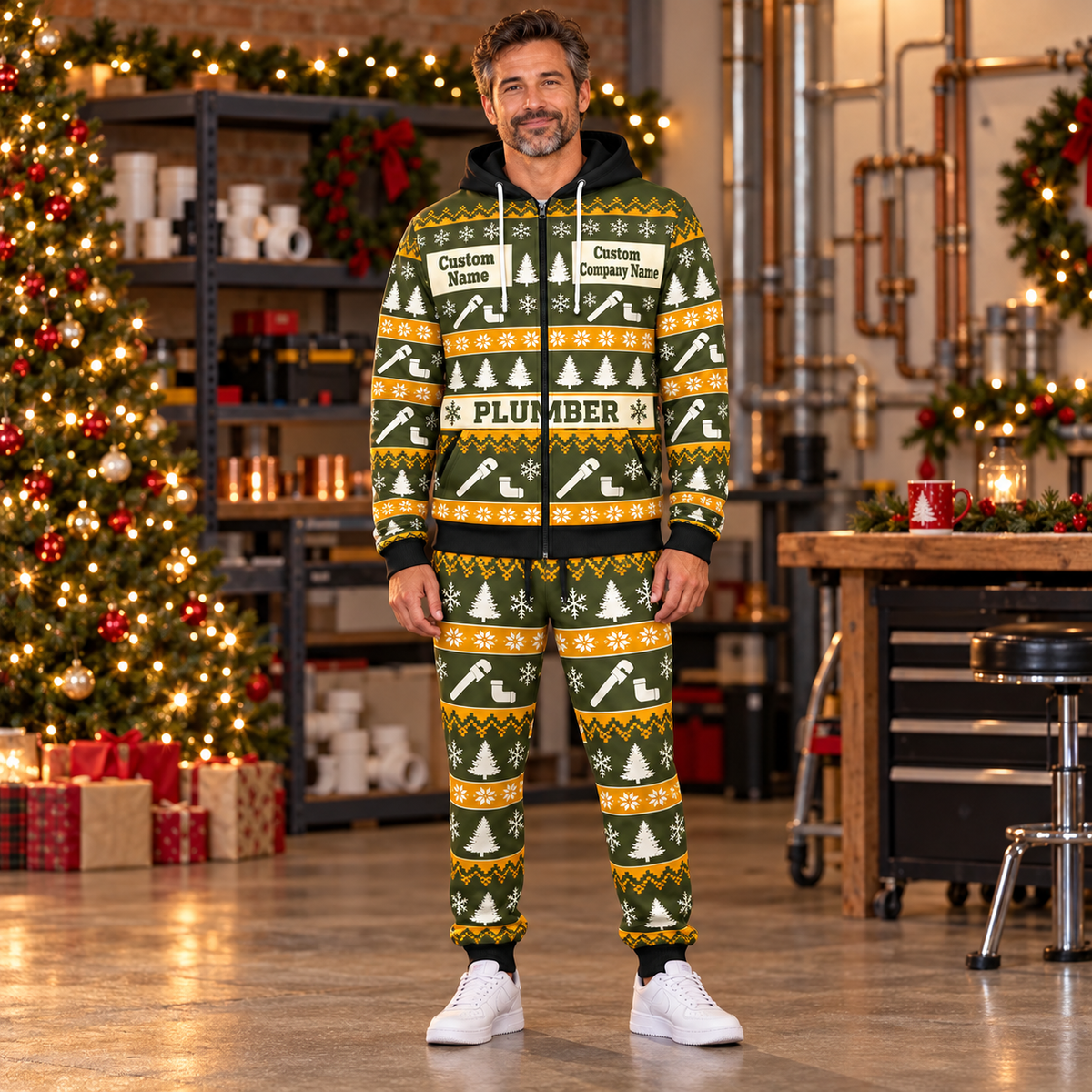 Plumber Holiday Fair Isle full-zip hoodie and jogger hero design with name and company artwork