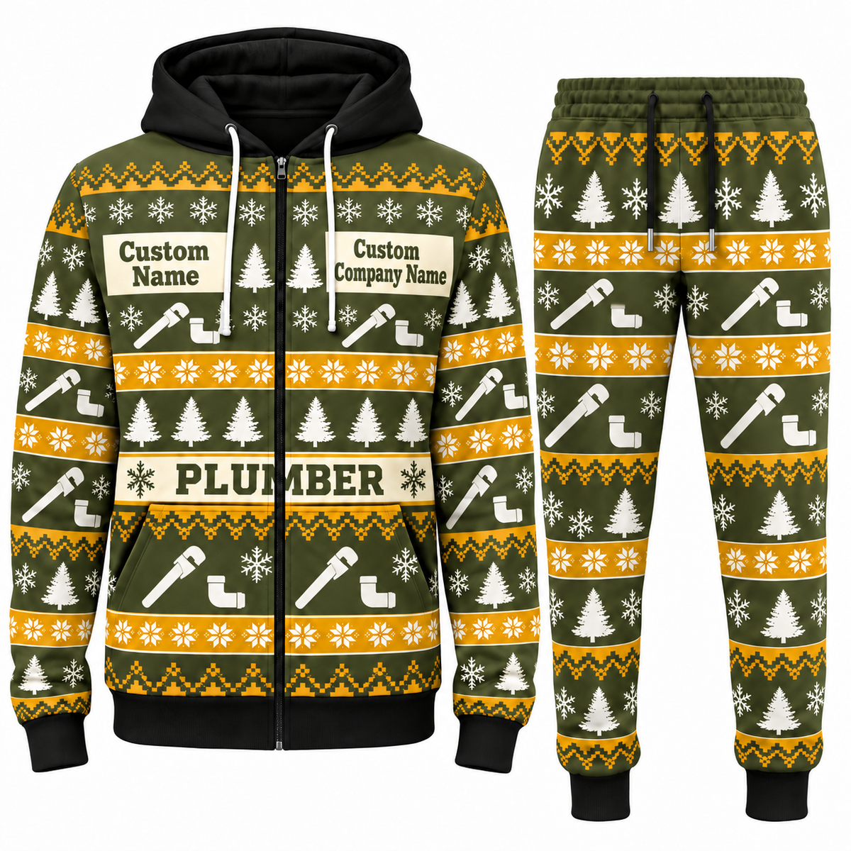 Plumber Holiday Fair Isle full-zip hoodie and jogger olive design with name and company artwork