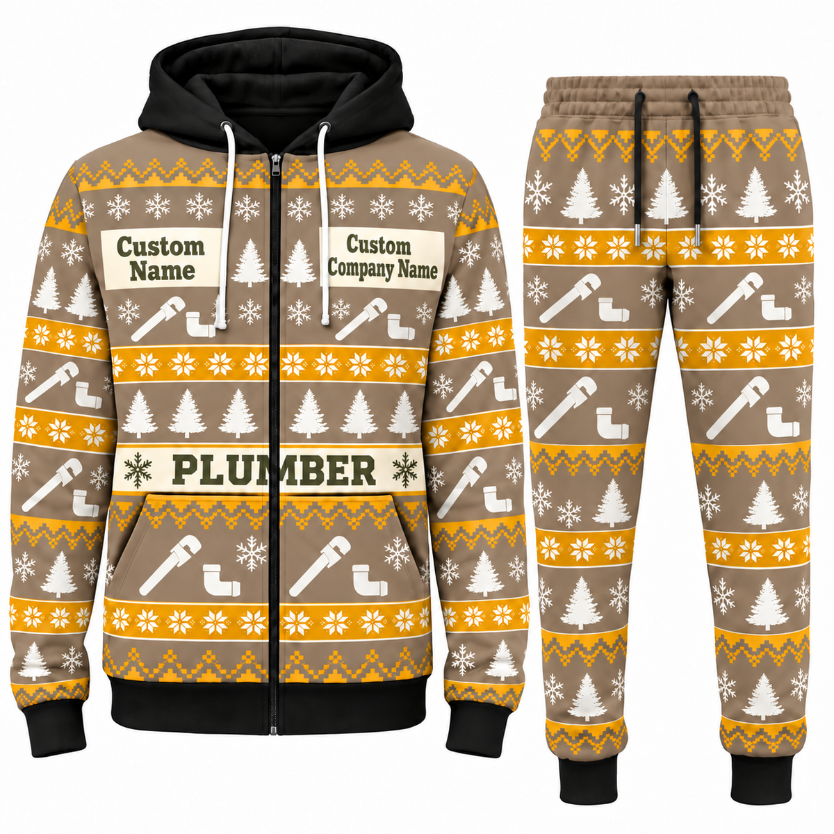 Plumber Holiday Fair Isle full-zip hoodie and jogger sand design with name and company artwork