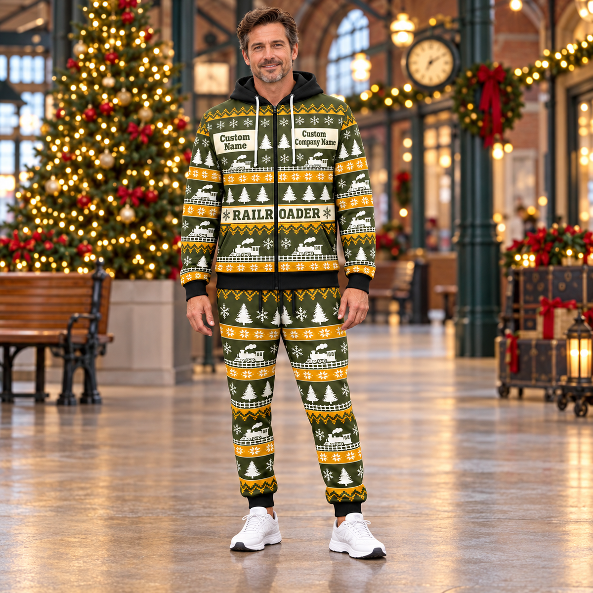 Railroader Holiday Fair Isle full-zip hoodie and jogger hero design with name and company artwork