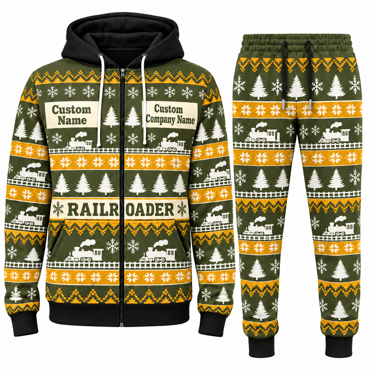 Railroader Holiday Fair Isle full-zip hoodie and jogger olive design with name and company artwork