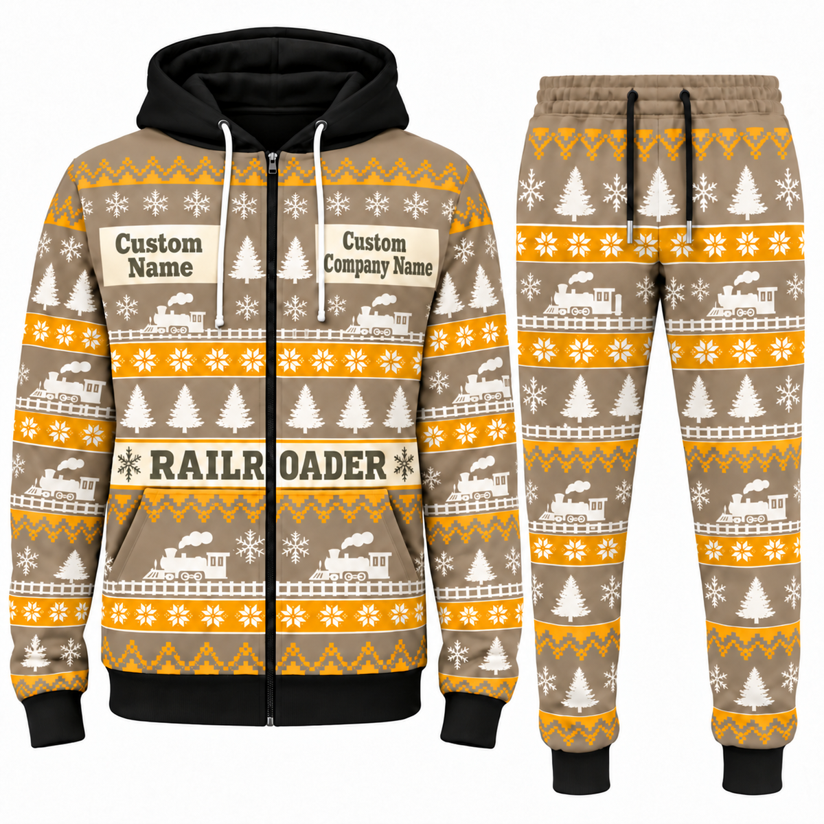Railroader Holiday Fair Isle full-zip hoodie and jogger sand design with name and company artwork