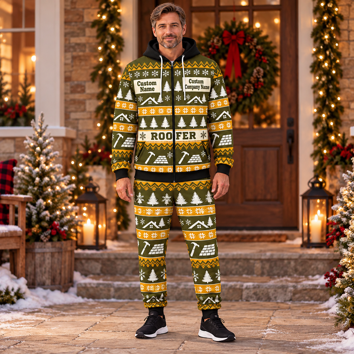 Roofer Holiday Fair Isle full-zip hoodie and jogger hero design with name and company artwork