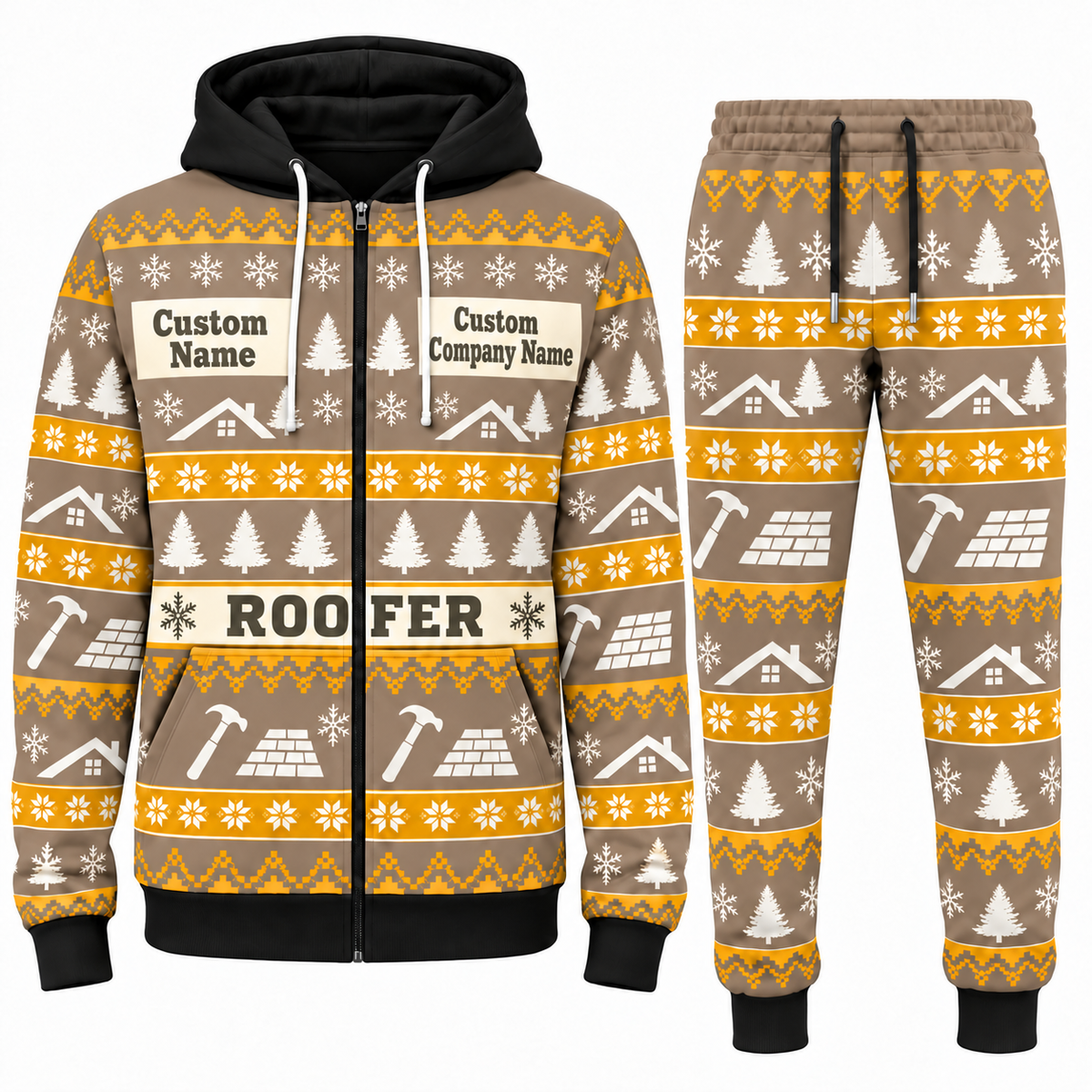 Roofer Holiday Fair Isle full-zip hoodie and jogger sand design with name and company artwork