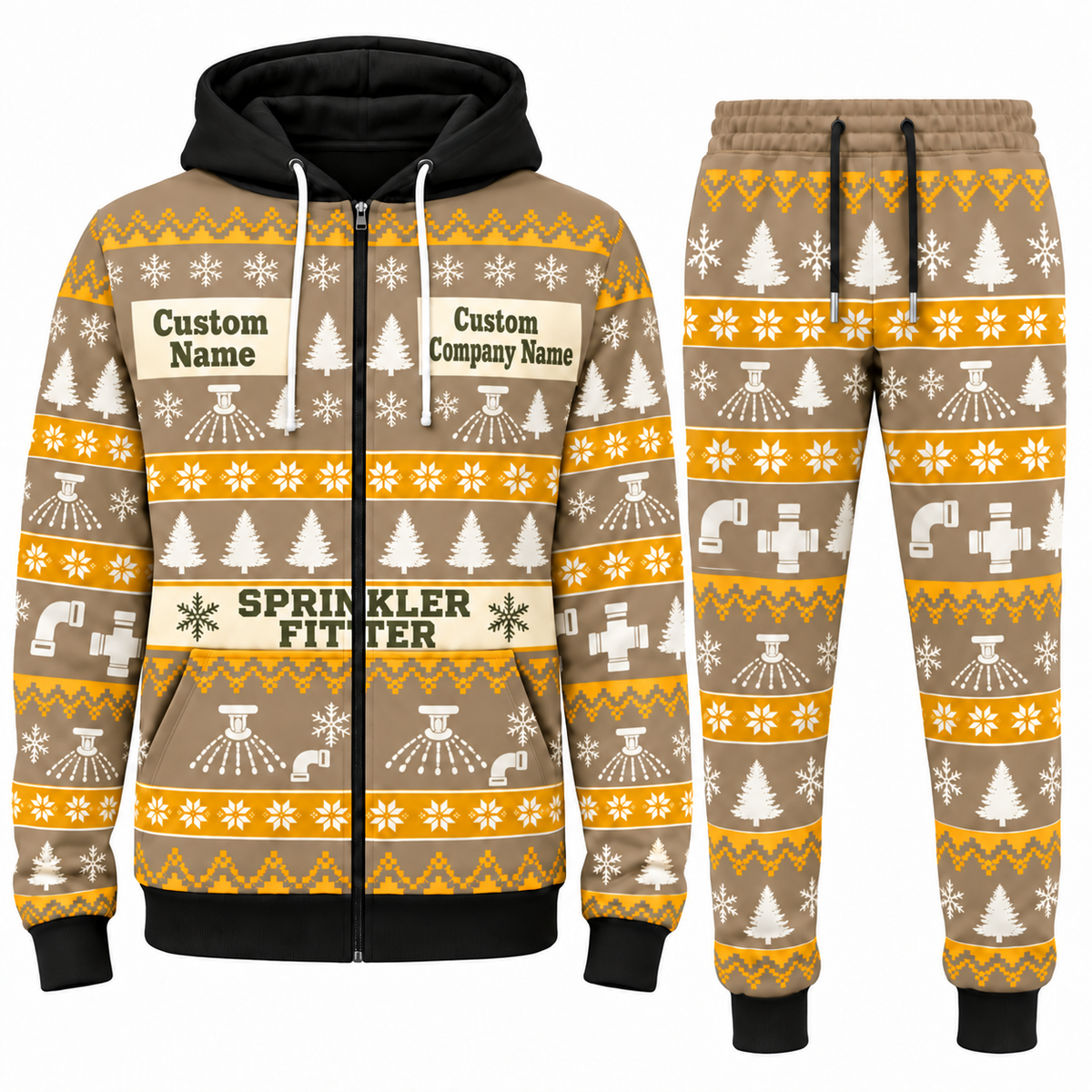 Sprinkler Fitter Holiday Fair Isle full-zip hoodie and jogger sand design with name and company artwork