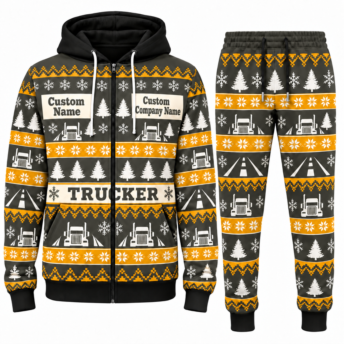 Trucker Holiday Fair Isle full-zip hoodie and jogger charcoal-olive design with name and company artwork
