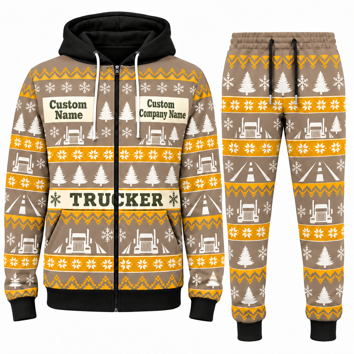 Trucker Holiday Fair Isle full-zip hoodie and jogger sand design with name and company artwork