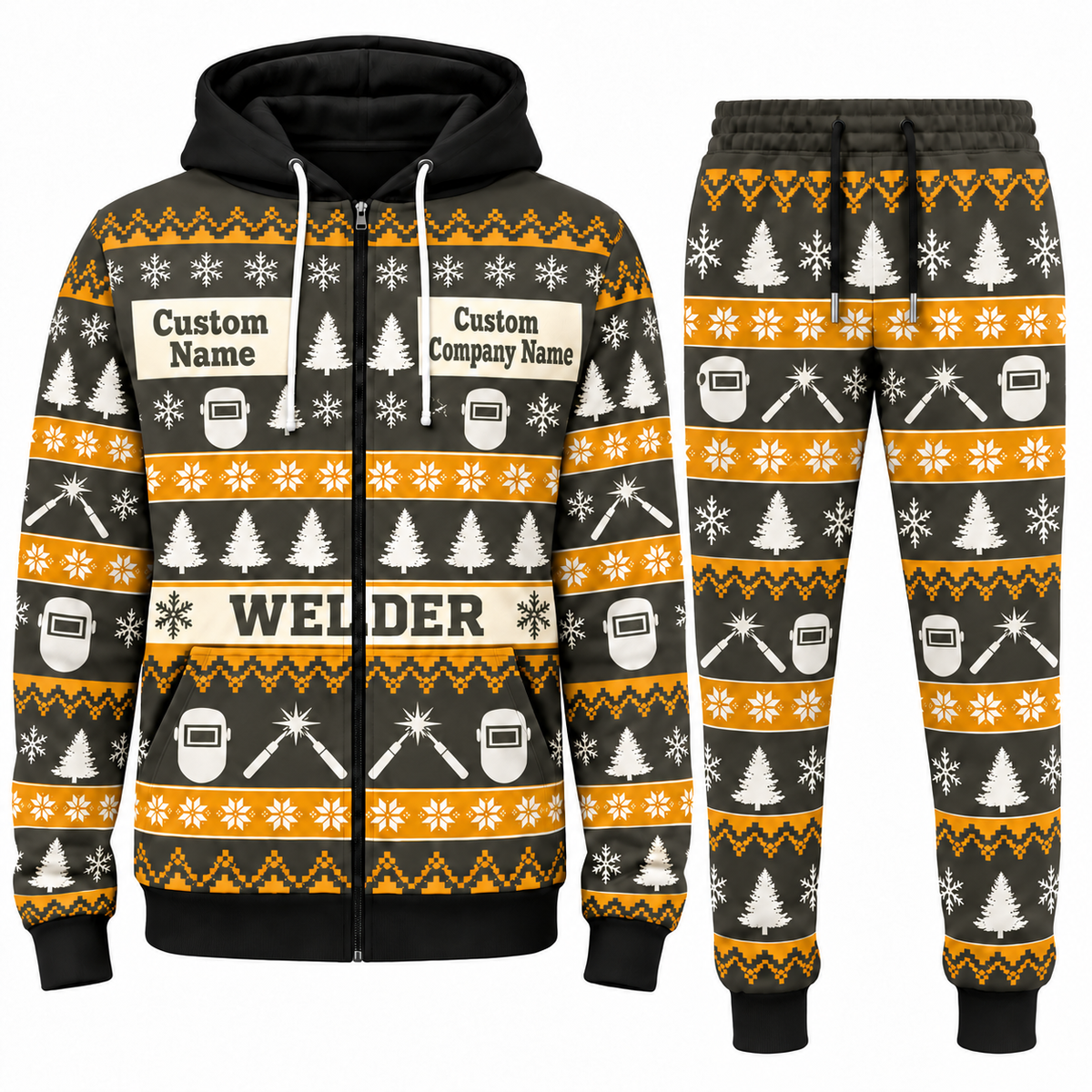 Welder Holiday Fair Isle full-zip hoodie and jogger charcoal-olive design with name and company artwork