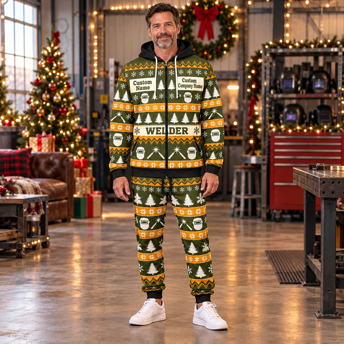 Welder Holiday Fair Isle full-zip hoodie and jogger hero design with name and company artwork
