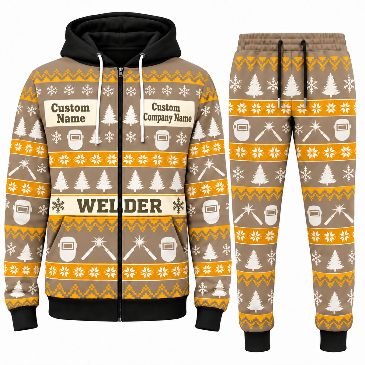 Welder Holiday Fair Isle full-zip hoodie and jogger sand design with name and company artwork