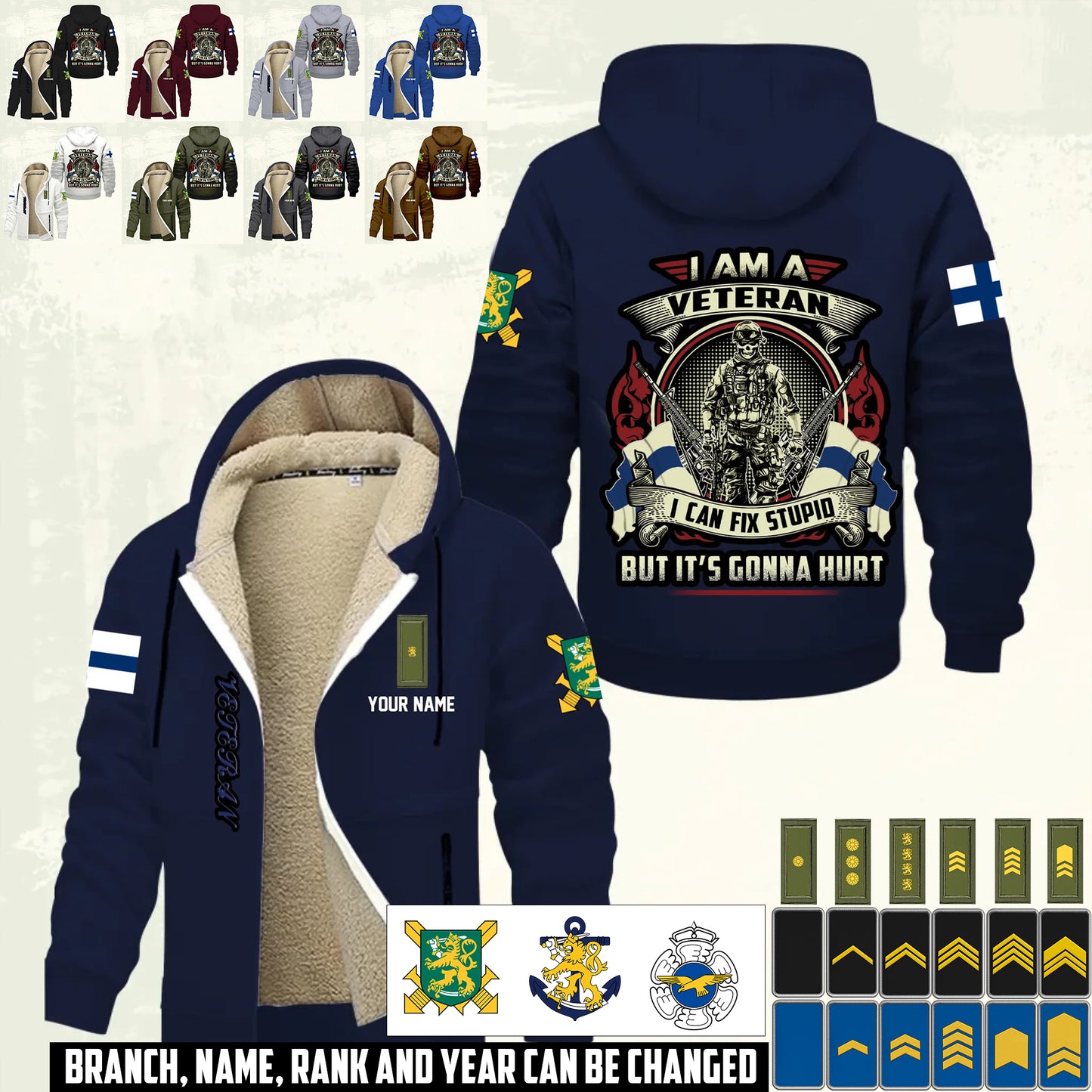 Personalized Finland Soldier/ Veteran With Name And Rank Hoodie Zip Velvet Coat - 17552160