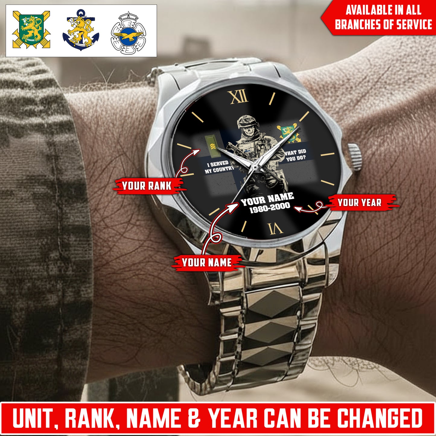 Personalized Finland Soldier/Veteran with Name, Year and Rank Diamond-Cut Bezel Watch - 17623872