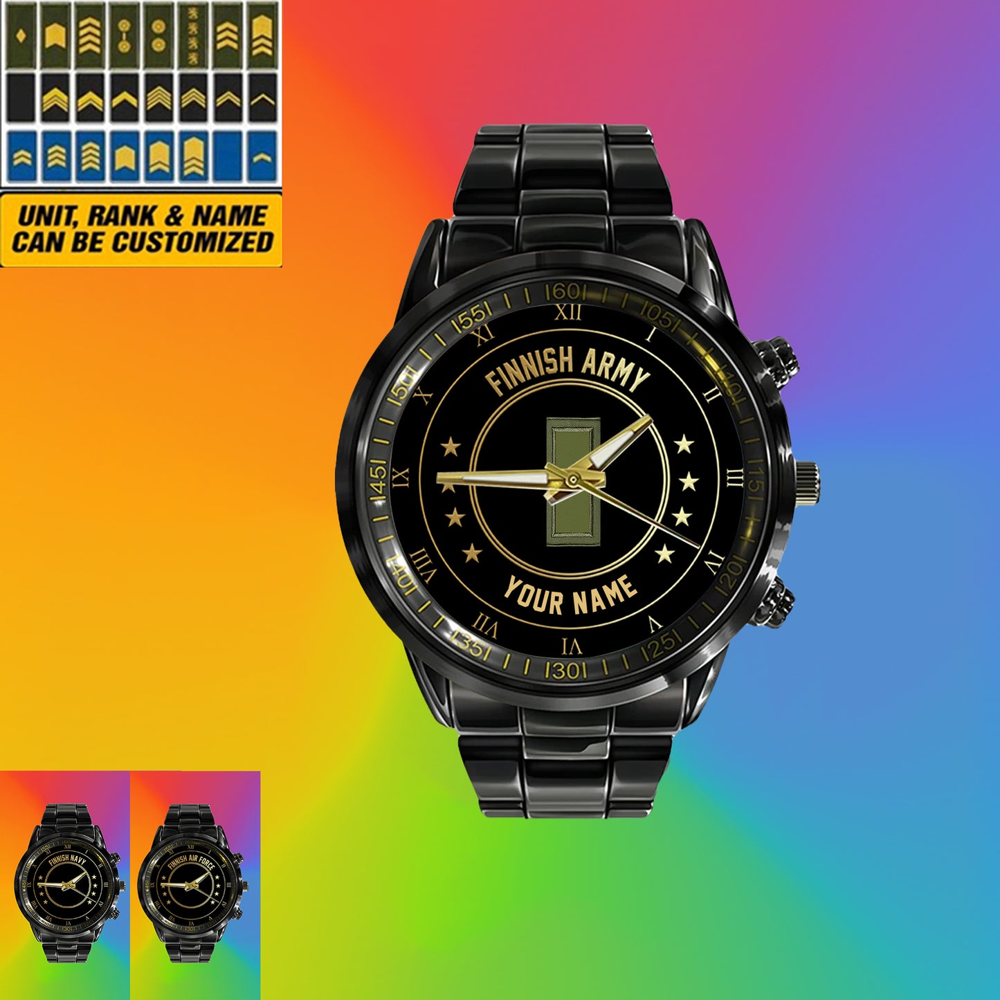 Personalized Finland Soldier/ Veteran With Name And Rank Black Stainless Steel Watch - 17108928 - Gold Version