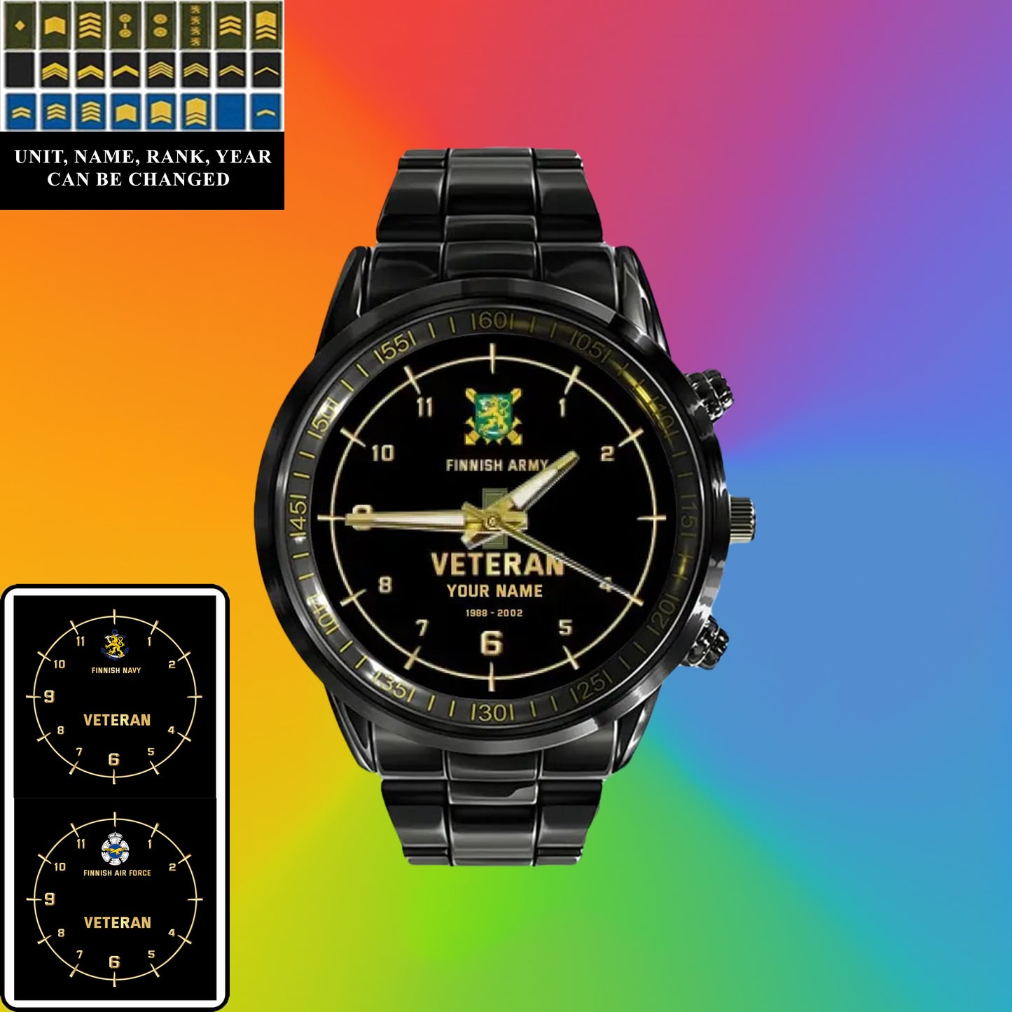 Personalized Finland Soldier/ Veteran With Name, Rank and Year Black Stainless Steel Watch - 03052402QA - Gold Version